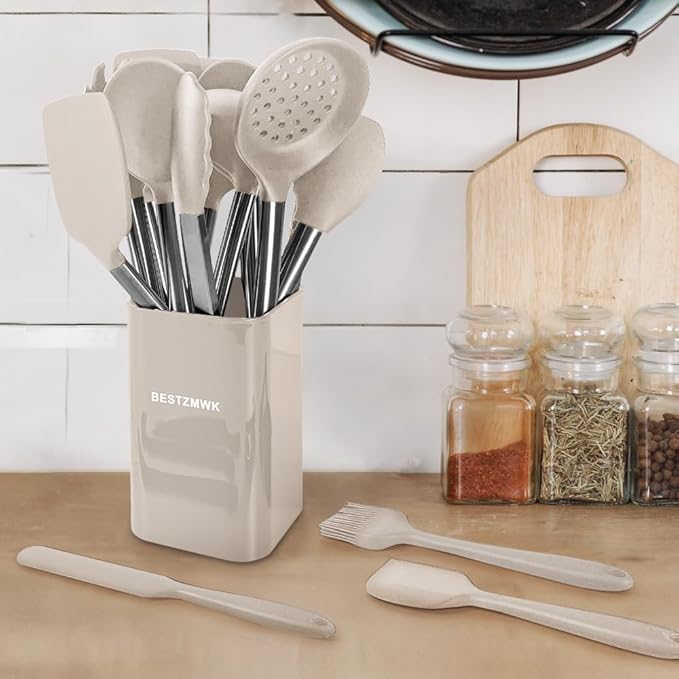 Kitchen Utensil Set-Silicone Cooking Utensils-33 Kitchen Gadgets & Spoons for Nonstick Cookware-Silicone and Stainless Steel Spatula Set-Best Kitchen Tools, Useful Pots (Khaki)