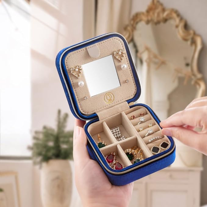 ZPROW Plush Velvet Travel Jewelry Case, Travel Jewelry Organizer, Jewelry Travel Case, Travel Jewelry Box, Small Jewelry Case, Jewelry Travel Box, Earring Organizer with Mirror - NavyBlue 4packs