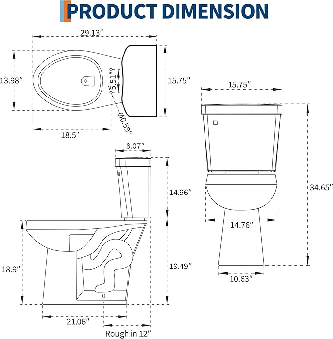 Comfort Height 19" Elongated Two-Piece Toilet with Slow-Close PP Seat – Upgraded Power Flush, Single Side Handle, Perfect for Bathroom or Elderly-Friendly Remodel, Includes Full Tank Assembly