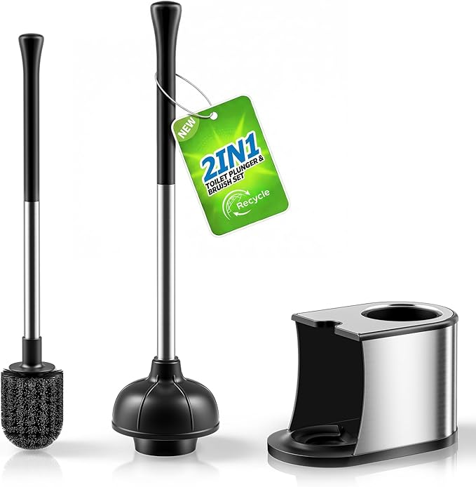 HAMITOR Toilet Plunger and Brush Set: Bathroom Powerful Cleaning Round Bristle Brush - Stainless Steel Heavy Duty Unclogging and Bowl Brush Combo - Compact Home Apartment Restroom Decor Accessories