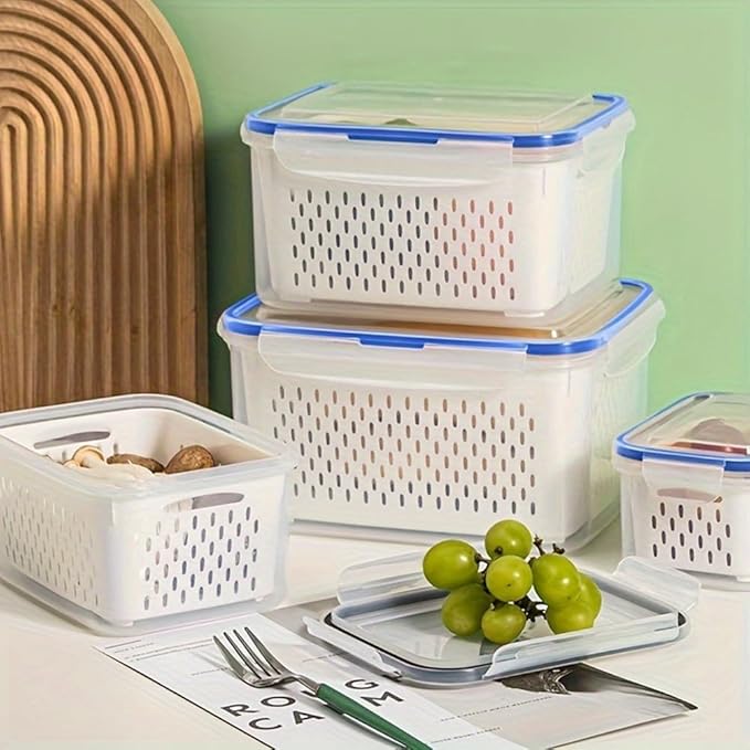 2 Pack Fruit Storage Containers for Fridge,Leakproof Food Storage Containers with Removable Colanders and Lid Produce Containers Keep Fruits Vegetables Berry and Meat Fresh longer(Clear White)