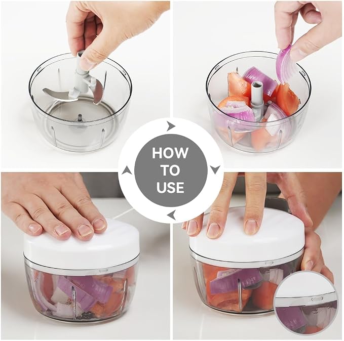 Manual Food Processor Vegetable Chopper 2.3 Cup Small Mini Hand Pull String Onion Chopper Garlic Mincer Cutter with 3 Stainless Steel Blades - White