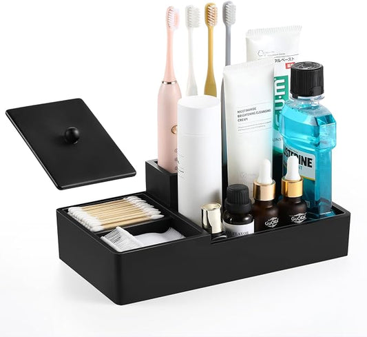 Luxspire Bathroom Counter Organizer with Lid, 6 Slots, Matte Black | Bathroom Vanity Organizer, Bathroom Organizer Countertop for Cotton Ball, Q-Tips, Floss