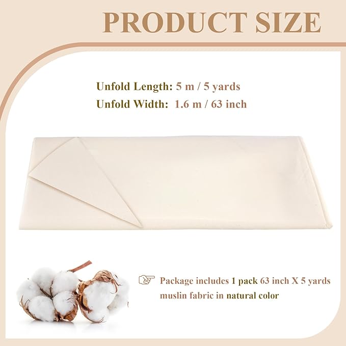 100% Cotton Muslin Fabric, 63 Inch X 5 Yards Unbleached Fabric by The Yard | Medium Weight, Easy Care, Fabric for Sewing Embroidery , Garments, Crafts Material, Apparel Cloth