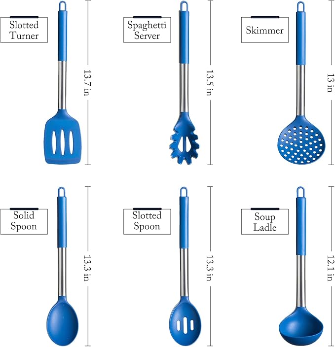 Silicone Kitchen Utensils Set - Culinary Couture 6-Pieces Blue Silicone Cooking Utensils Set for Nonstick Cookware - Stainless Steel Handle