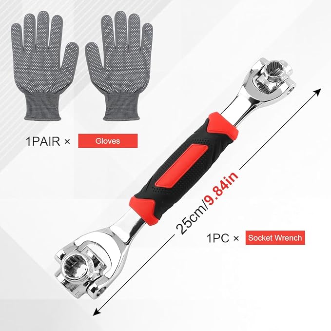 52 in 1 Universal Socket Wrench with Gloves, 360° Rotating Spanner | Carbon Steel Universal Wrench Fits 8-19mm and 5/16"-3/4" Nuts for Home, Bike and Auto Repair