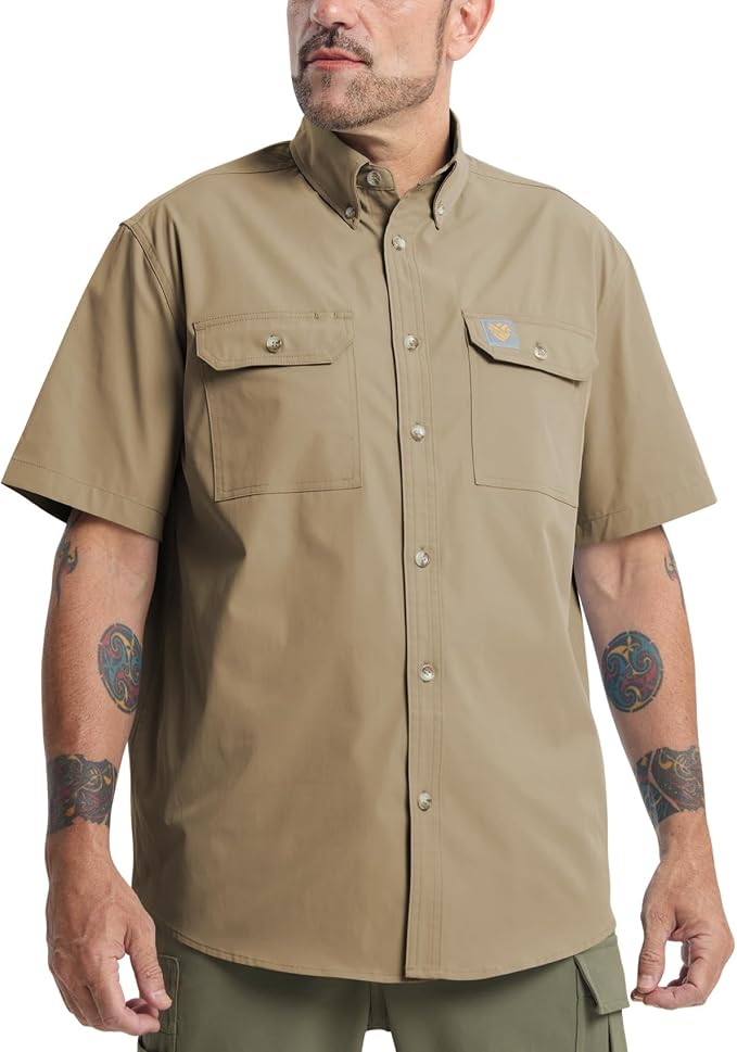 Mens Regular Fit Work Utility Shirt Midweight Short Sleeve Work Wear | Midweight stretch work shirt with reflective trim, 2 secure chest pockets, moisture-wicking comfort, easy-care fabric