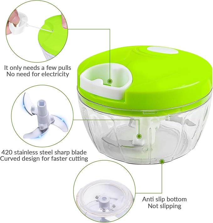 Manual Garlic Chopper Mincer,Food Processor Vegetable Chopper, Portable Hand Pull String Garlic Mincer Onion Cutter for Veggies, Fruits, Nuts, Herbs (green)