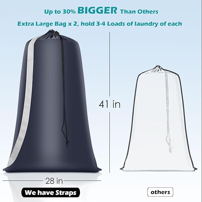 Coomee Heavy Duty Laundry Bag, 2 Pack XL Nylon Laundry Bags with Straps | Extra Large Laundry Bags, Drawstring Closure, Washable Large Dirty Clothes Organizer, Travel Bag Fits a Laundry Hamper