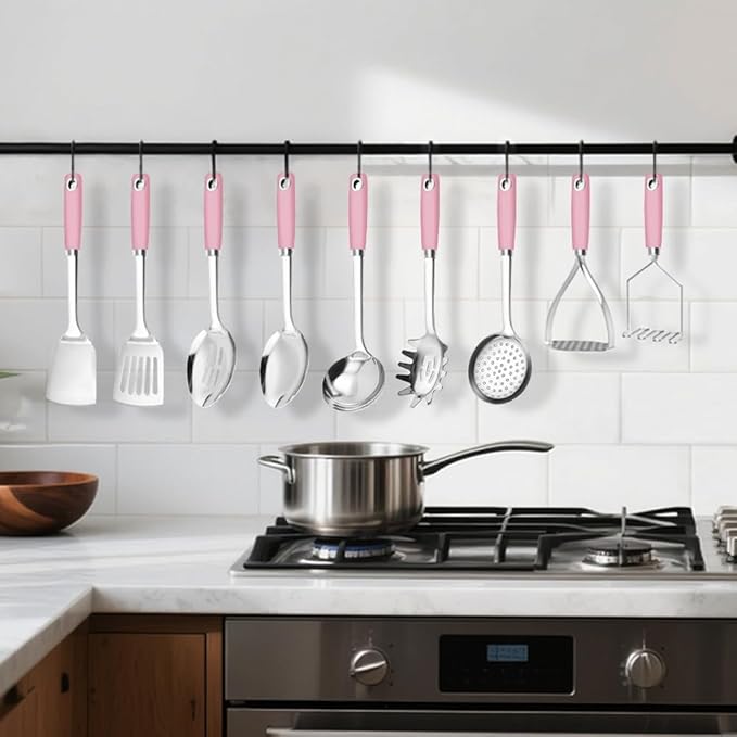 18/0 Stainless Steel Cooking Utensils Set, Heavy Duty Pink Handle for Kitchen Daily Use Party Wedding Housewarming, Dishwasher Safe, 9 Pieces