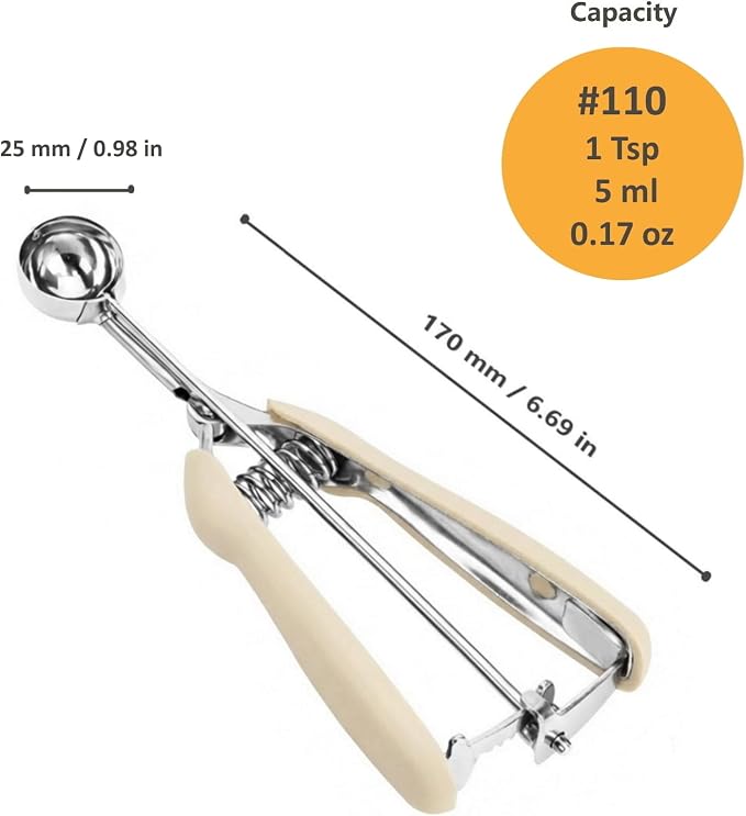 Extra Mini Cookie Scoop for Baking, 1 tsp / 5 ml Cookie Scooper, 18/8 Stainless Steel Cookie Scooper for Baking, Cookie Dough Scoop with Non-slip Grip (White)