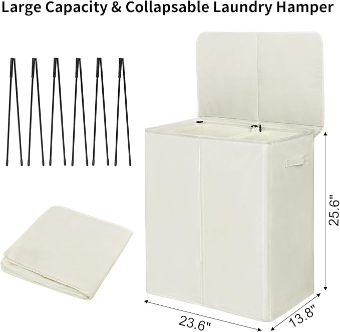 WOWLIVE 140L Double Laundry Hamper 2 Section with Lid and Removable Bags | Divided Laundry Basket, Large Dirty Clothes Hamper with Handle, Collapsible Laundry Storage for Dorm Room, College, Beige