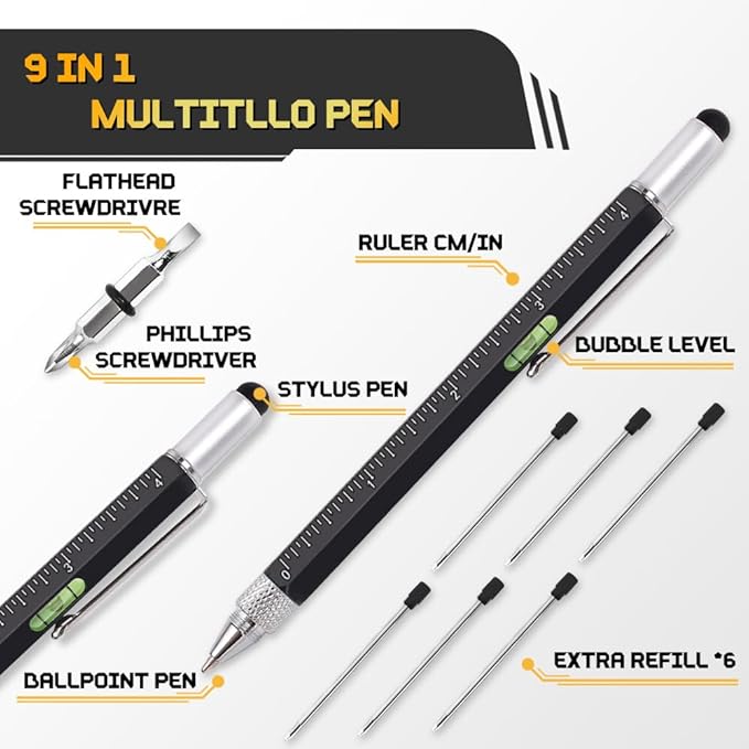 Stocking Stuffers for Men, 9 in 1 Metal Multitool Pen 2Pcs and Refill 6Pcs, Unique Tech Tool Pen from Wife Daughter to Father Boyfriend Husband on Christmas, Birthday, Valentine's Day