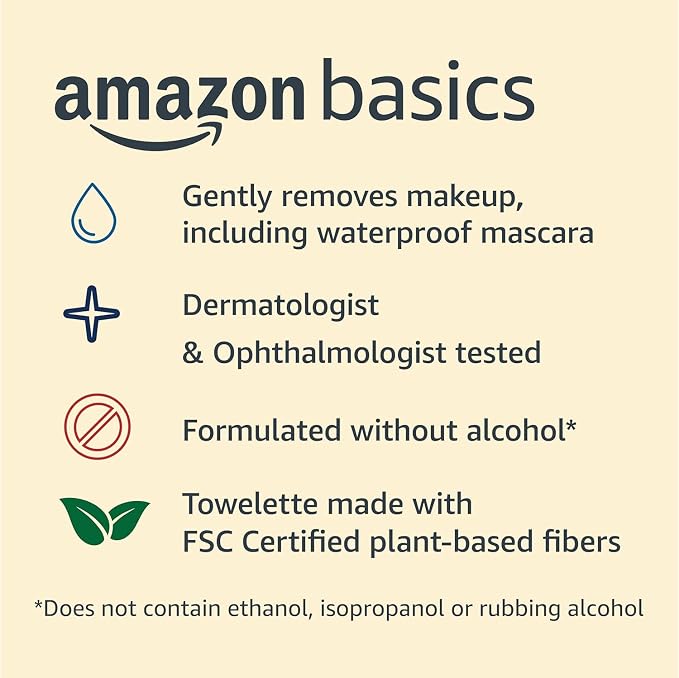 Amazon Basics Makeup Remover Wipes, Gentle Facial Cleansing, Dermatologist Tested, Original, Plant-Based, Alcohol-Free, Removes Waterproof Mascara, 25 Count, 1-Pack