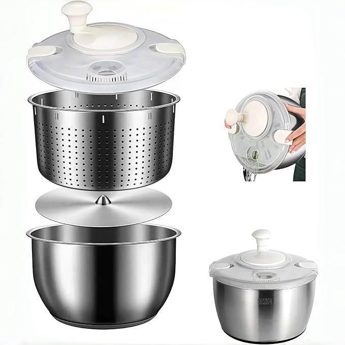 Large Salad Spinner Stainless Steel – 6L Metal Salad Spinner with PP Cover, Perfect for Dehydrating Lettuce, Vegetables, Fruits, Pasta, and Homemade French Fries