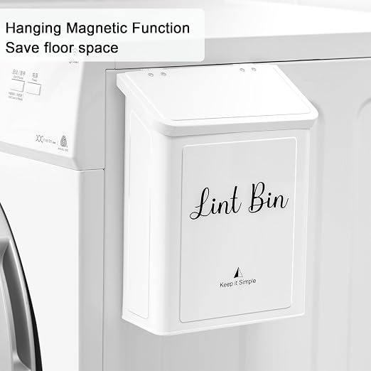 SUBEKYU Magnetic Lint Bin for Laundry Room Organization and Storage,White | Wall Mounted Metal Lint Box Holder Trash Can with Lid for Dryer,Lint Basket for Laundry Room Decor