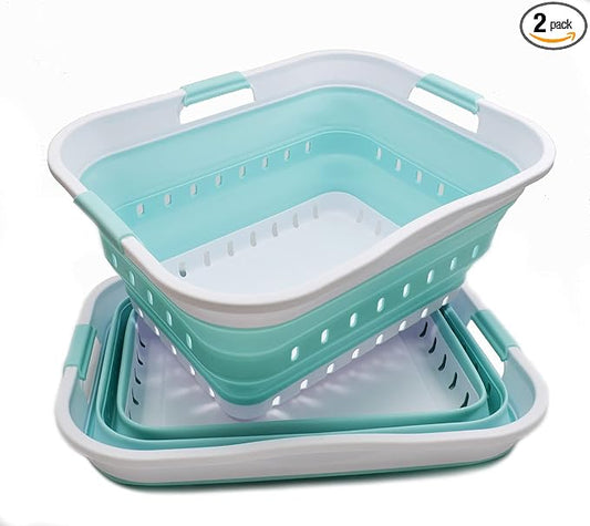 SAMMART 42L (11 gallon) Collapsible Plastic Laundry Basket - Foldable Pop Up Storage Container/Organizer - Portable Basket - Space Saving Hamper/Basket (2, White/Lake Green)