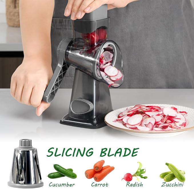 Cheese Grater Hand Crank Rotary Vegetables Shredder with Handle | 3-in-1 Graters, Interchangeable Blades, Non-slip Base, Multifunctional Slicer