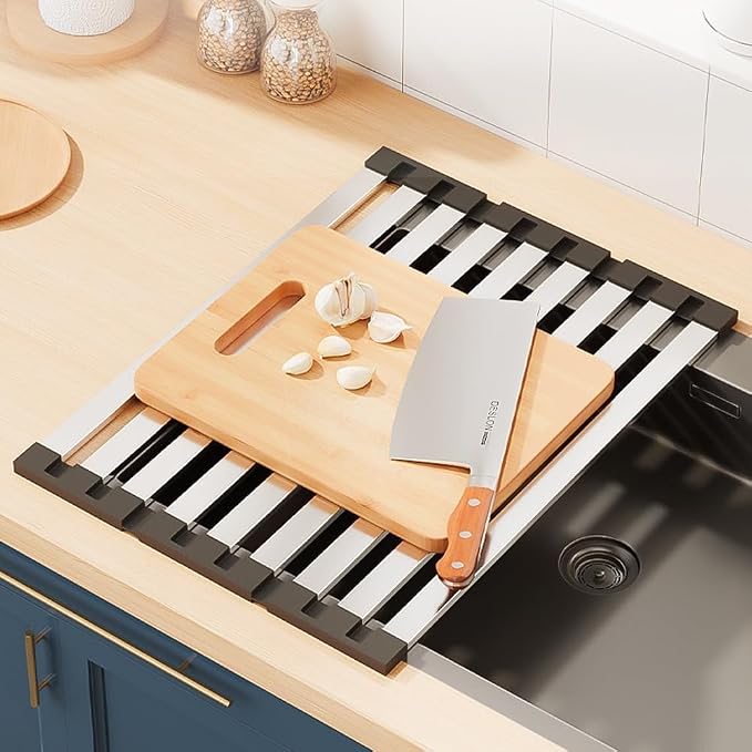 Stainless Steel Roll Up Dish Drying Rack, Over Sink Foldable Kitchen Mat, 45cm x 32.5cm Rollable Sink Drainer, Space-Saving Design (17.72" H x 12.8" W)