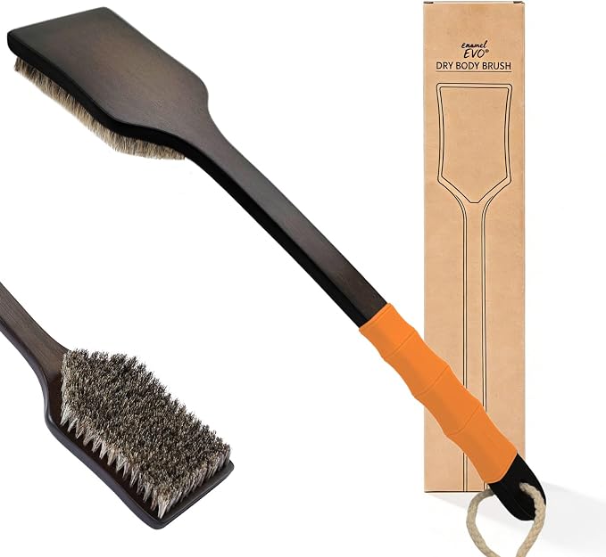 Back Scrubber Shower Brush,Dry Brushing Body Brush with 17.7 Inch Curved Long Handle, Natural Bristles for Lymphatic Drainage, Soft & Stiff Bristles Available (Orange Handle, Medium)