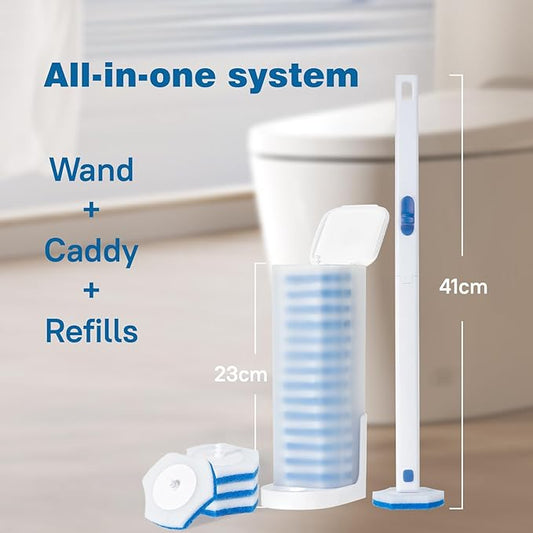 Disposable Toilet Brush Set with Holder, White and Blue, Includes 16 Cleaning Refills (1+16 Refills)