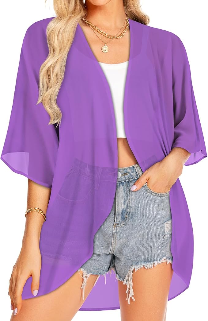 Women Kimono Cardigans Summer Cover Up Hawaiian Shirts Floral Print Tops | ROSEMIA chiffon kimono open front cardigans, beach cover ups, daily casual tops, cruise outfits, summer resort wear