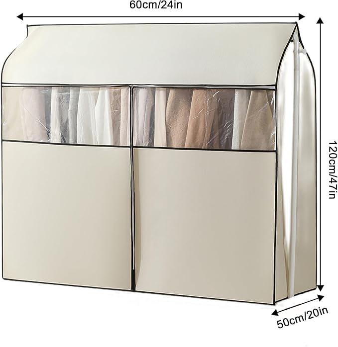 Clothing Rack Cover, Hanger Covers, Non-Woven with 3 Way Zipper, Large Transparent Window, Top Seal for Single Pole Clothes Drying Rack(Beige,60x50x120cm/24x20x47in)
