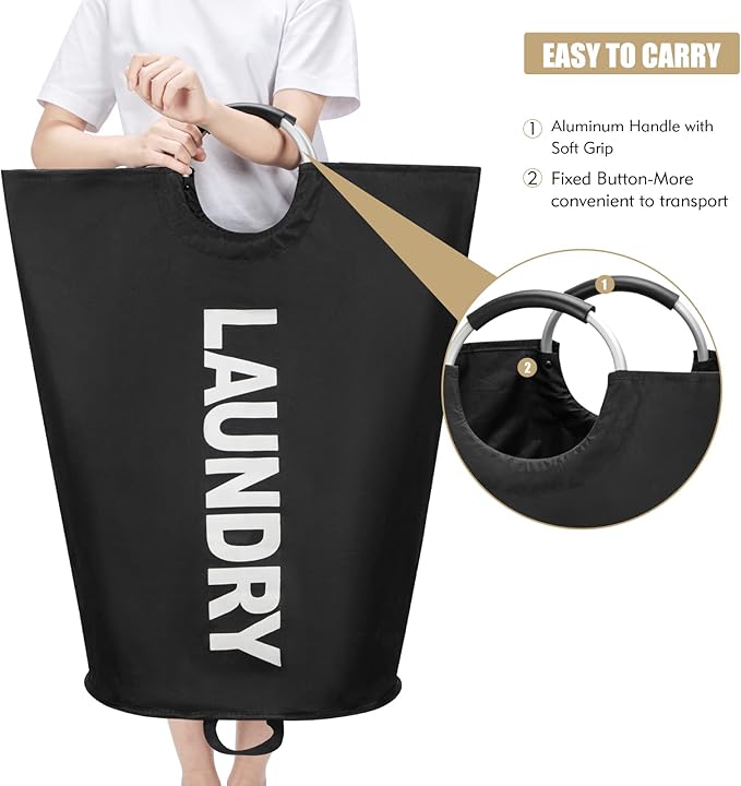 Maxsilan 125L X-Large Laundry Basket Bag, Collapsible Tall Hamper, Black | Freestanding tall laundry bag & foldable washing basket. Extra large clothes storage bin with durable sturdy handles