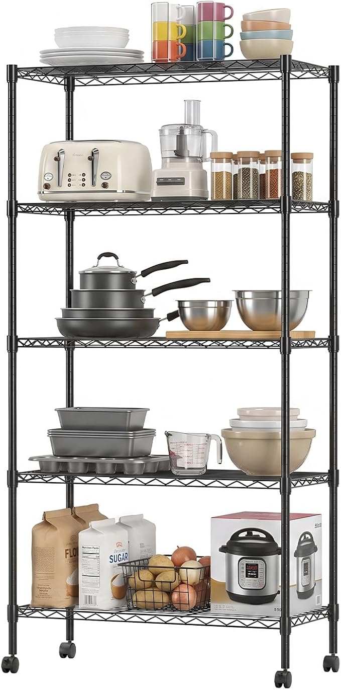 BestOffice | 5-Tier Wire Storage Shelves with Wheels | 14x30x60 | Black | Adjustable Racks | Heavy-Duty Metal Shelf, Holds Upto 220 lbs | No-Tool Assembly | Ideal for Home & Garage Shelving