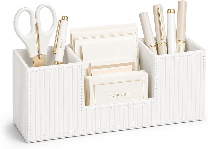 GORESE Pen Organizer for Desk, PU Leather Office Pen Holder, Ivory White | 4-Compartment, Vegan Leather, Office Supplies, Desk Caddy Nightstand Organizer for Pen, Pencil, Remote Control, Business Card