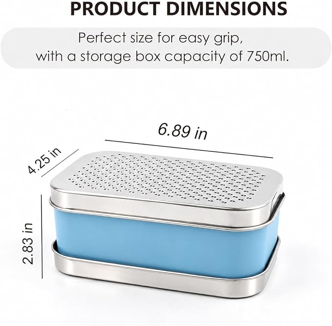 Cheese Grater with Storage Container, Box Grater Stainless Steel for Vegetables, Cheese Shredder 2 Sharp Blades for Fine & Coarse, Non-Slip Base, Lemon Zester, Includes Cleaning Brush (Blue)