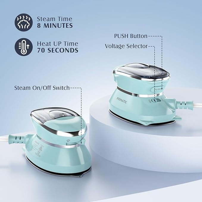 PIOMATIC Travel Iron Mini with Steam for Clothes with Dual Voltage, Portable Mini Ironing Machine with Non-Stick Soleplate, Small Iron for Sewing, Quilting and Handcraft