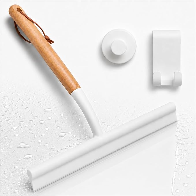 NUOBESTY Shower Squeegee for Glass Doors, Wood Handle White Silicone Wiper | 10" Streak-Free Blade with an Aesthetic Natural Grip. Includes Suction Cup & Over-Door Hook for Bathroom Mirrors & Tiles