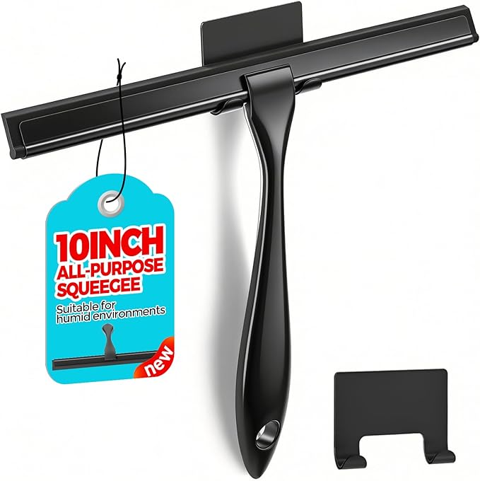 ALFLOD Shower Squeegee for Glass Doors, Tile Walls, Mirrors and Windshields | 10" black, bathroom accessories, window cleaner, new home essentials, silicone blade, metal handle, adhesive hook