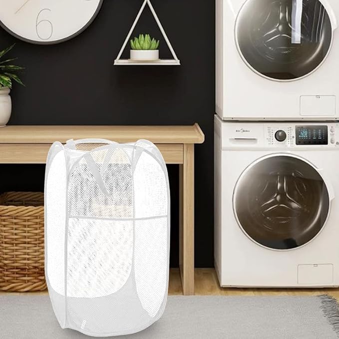 BATTOO Deluxe Strong Mesh Pop up Laundry Hamper Basket with Side Pocket for Laundry Room, Bathroom, Kids Room, College Dorm or Travel White