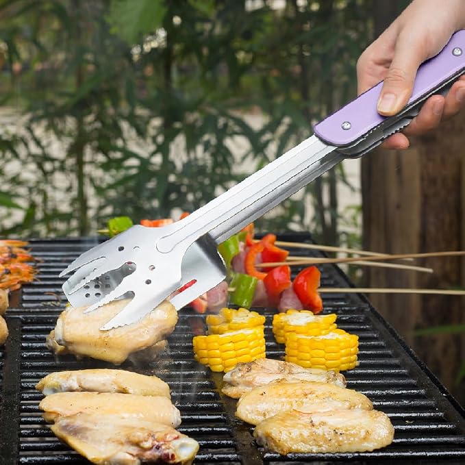 ROXON S601 6-in-1 Folding Grill Tool Set,14"BBQ Utensils for Camping Purple | Includes Fork, Spatula, Knife, Tongs, Bottle Opener & Corkscrew. LFGB Certified, Dishwasher-Safe, Portable for Outdoor BBQ