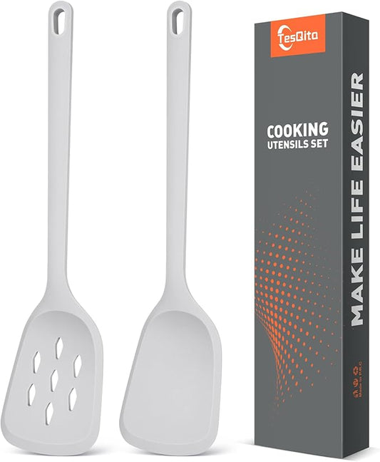 Silicone Cooking Spatula&Slotted Spatulas, Pack of 2,Solid Turner Kitchen Utensils Set for Cooking,Frying, Baking, Flipping, Turning,Heat Resistant 450℉ (GRAY)