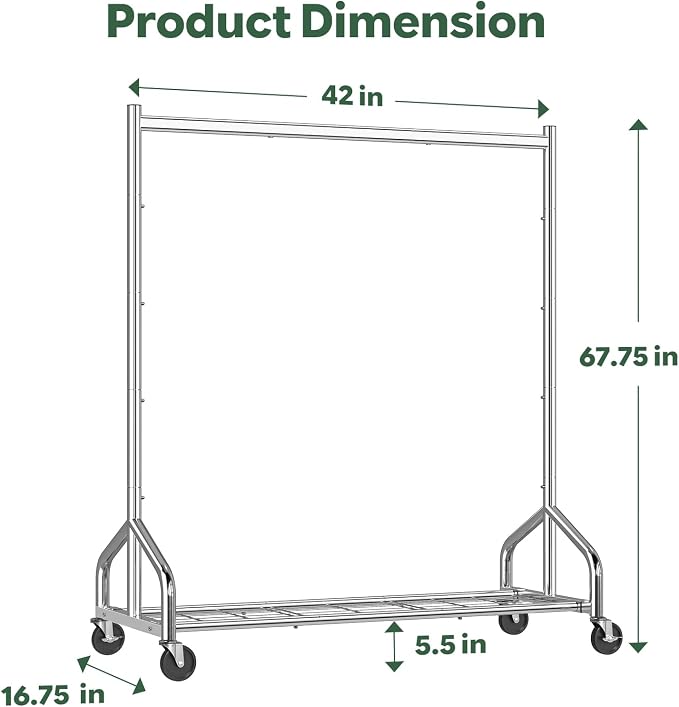 Simple Trending Heavy Duty Clothes Rack Load 420 LBS, Silver | Mesh Storage Shelf, 360° Lockable Wheels, Clothes Hanger for Bedroom, Laundry Room
