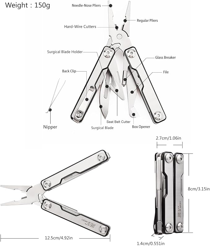 SQT2051 11-in-1 Multitool - Foldable, Professional Multitool for Men, DIY, Outdoor Camping, Home Repairs, Survival Kit, Hiking, Fishing, Emergency Use, Compact & Durable, Ideal Gift for Men