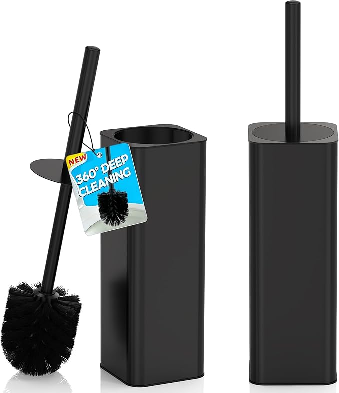DOWRY Toilet Bowl Brush and Holder for Bathroom, Deep Cleaning Toilet Brush and Holder Set with Long Handle, Hidden Toilet Bowl Brush with Replaceable Head,Modern Decor Black Square 2PCS