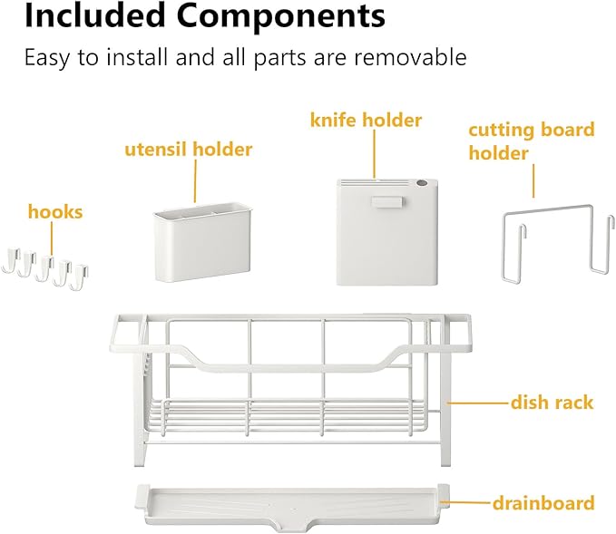 AIDERLY Narrow Dish Drying Rack Dish Drainer, White | Auto Drain, Iron Construction, Removable Cutlery Basket, For Kitchen Counter