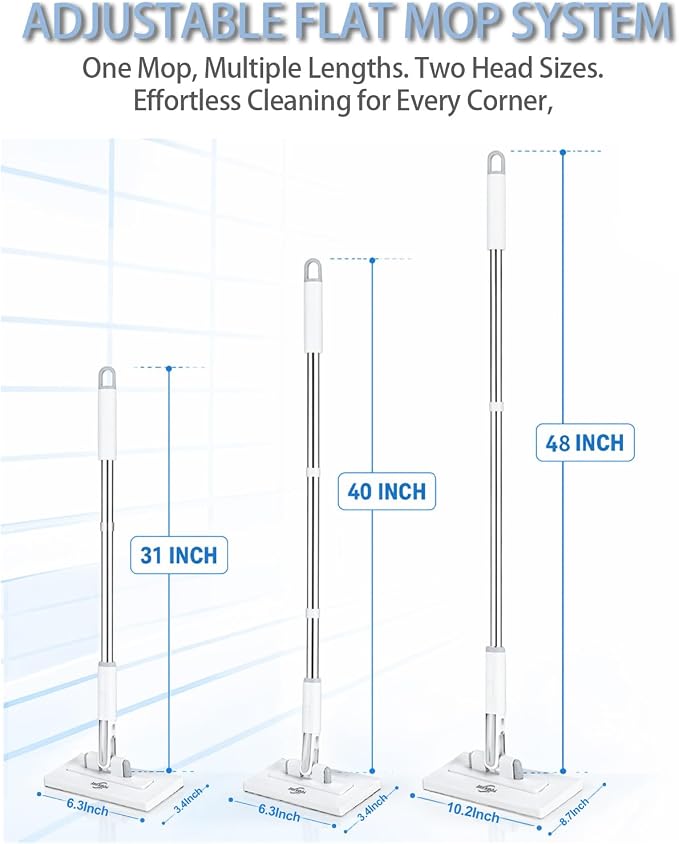 Pawnexa Mop,Clamp Mop,Hands Free Multi Purpose Flat Mops with Squeegee,Shark Tooth Grip for Any Cloth,Dry and Wet Use,Cleaning Mops for Whole House(40”Handle,6 Cloths)