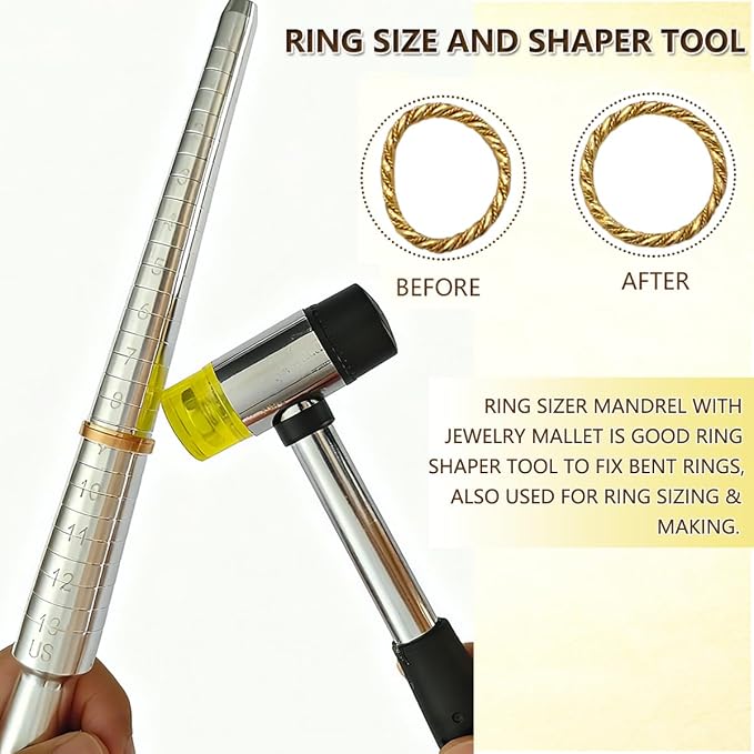 Ring Sizer Measuring Tool Ring Sizing Kit Ring Size Measurer Metal Jewelry Ring Mandrel and Mallet Finger Ring Shaper to Fix Bent Rings Fixer Reshaper Tool (10-Ring Size Shaper Tool)