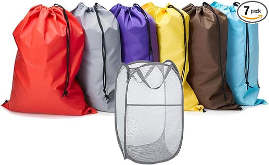 Extra Large Laundry Bags 7 Pack, Varied Colors | 1 Pack Pop Up Hamper, 6 Pack 30"x40" Laundry Bags, For College Dorm and Apartment Dwellers