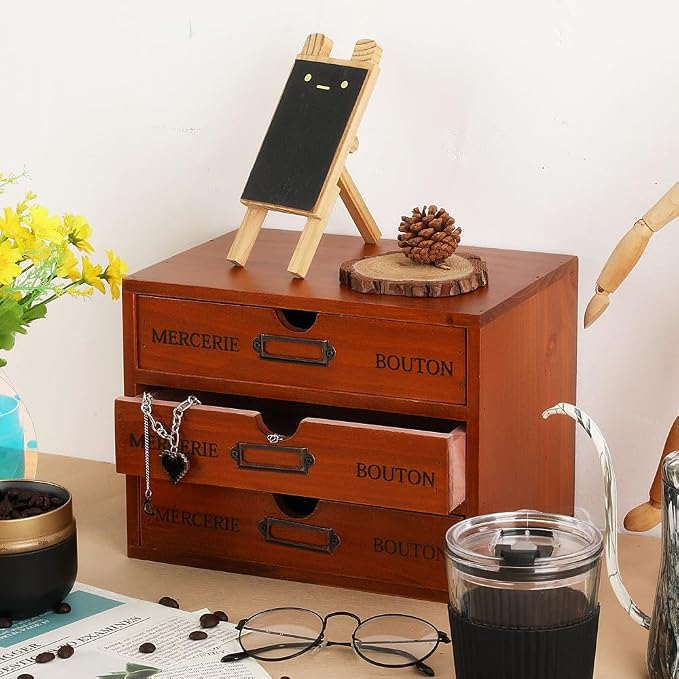 Small Wooden Drawers Wooden Box with Drawer Brown | 3 Drawer Storage Box for Apothecary Cabinet, Apothecary Drawers，Desktop Organizer with Metal Handles for Office，Home