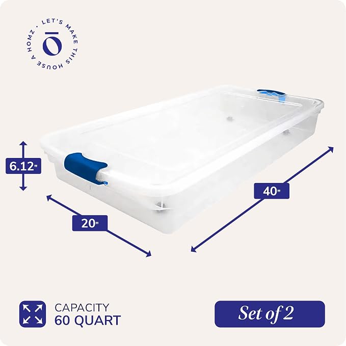 HOMZ 60 Quart Clear Plastic Underbed Storage Bins, Pack of 2 Large Organizer Containers with Secure Latching Lids, Easy Grip Handles and 4 Gliding Wheels, Stackable and Nestable