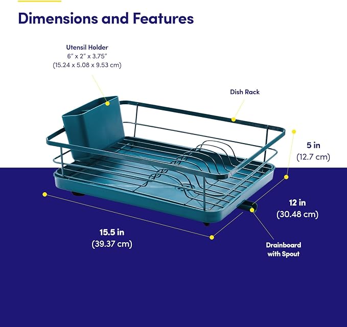 Dish Drying Rack 3 Piece Dish Drainer with Drainboard Set for Kitchen Counter – Dish Rack with Removable Utensil Holder & Swivel Spout for Countertop – DishRack for Plates, Cups & More, Teal