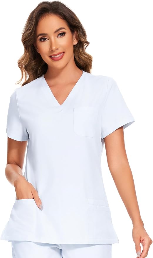 Scrubs Tops for Woman - Soft Stretch, V-Neck Tops | 3 Pockets, Side Split Design, Short Sleeve, Breathable & Lightweight Nursing Shirt, Easy-Care Fabric for All-Day Comfort