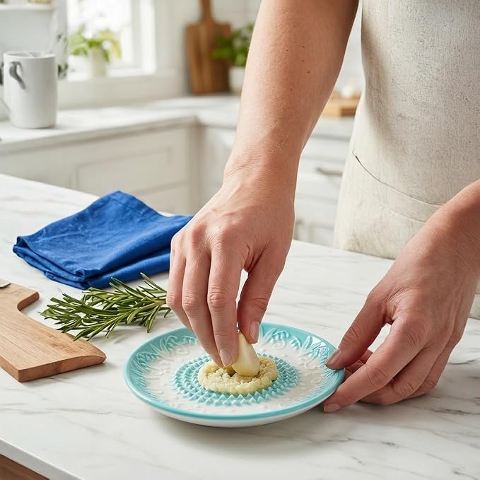 Handcrafted Ceramic Garlic Grater Plate 4-Pc Set, 5.12" Handmade Porcelain Grinding Dish with Wooden Boar Bristle Brush & Textured Silicone Peeler, Celadon Green Embossed Lily