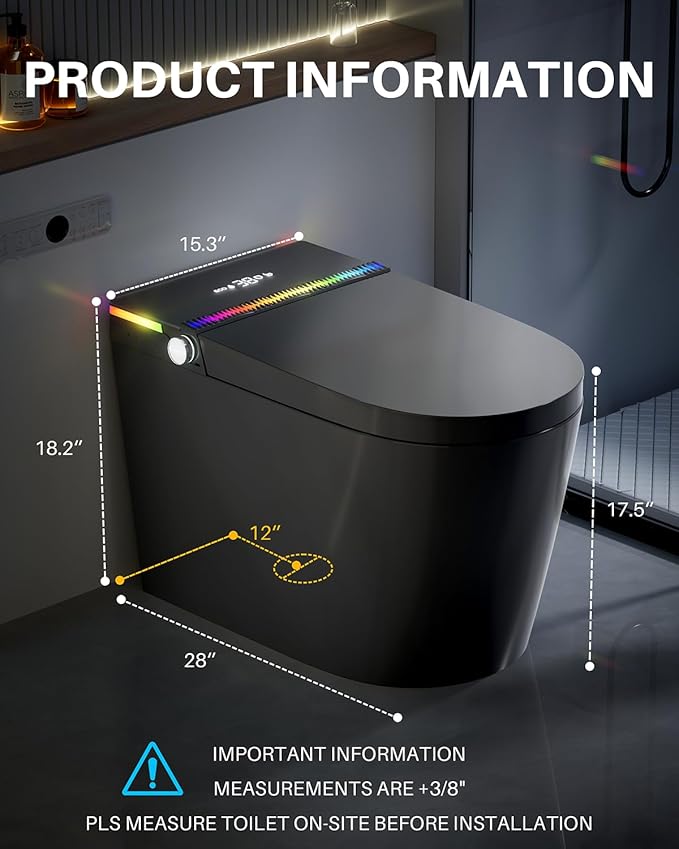 WinZo Smart toilet with Bidet built in,Tankless Toilet Auto Open/Close Lid with Dryer, ADA Comfort Seat Height, Instant Warm Water, Power Outage and Flush,Foot Sensor, LED Display,1.28GPF, Matte Black